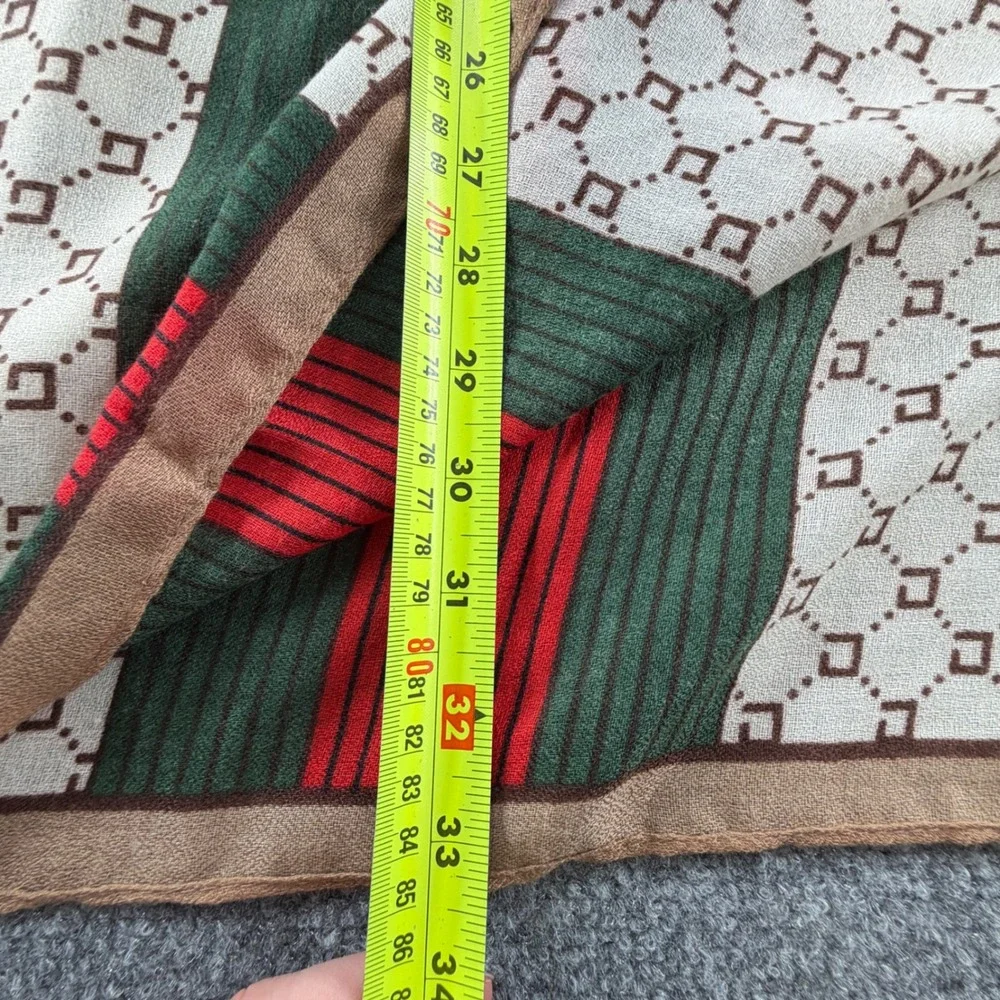 Monogram Web Stripe Scarf Cream Brown Green Red Lightweight Wrap 33x27